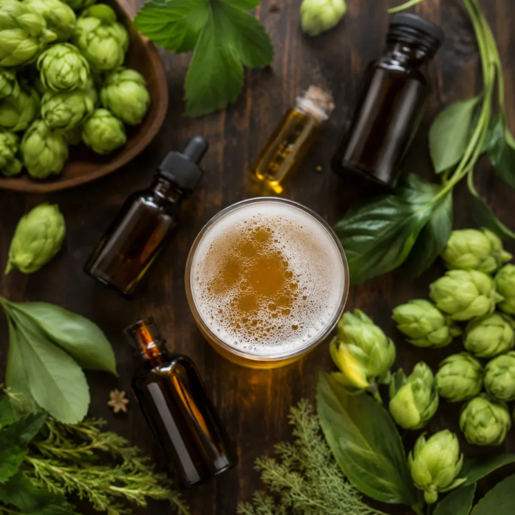 Terpenos botánicos para cerveza artesanal junto a un vaso de cerveza dorada y lúpulo fresco