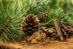 Ramas de pino, piñas y resina natural que ilustran el alfa-pineno, un terpeno característico de las coníferas y otras plantas aromáticas.