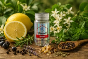 Frasco de terpenos botánicos Amnesia rodeado de limón, pimienta, romero, lavanda y otras plantas aromáticas que representan su perfil cítrico, herbal y especiado.