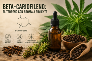 Granos de pimienta negra, plantas aromáticas y elementos botánicos que representan el beta-cariofileno, un terpeno de aroma especiado presente en numerosas especies vegetales.