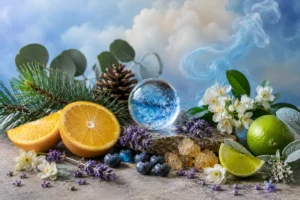 Composición botánica con cítricos, arándanos, flores blancas, lavanda, ramas de coníferas, hojas aromáticas y una esfera de cristal que representa el perfil aromático Blue Dream.