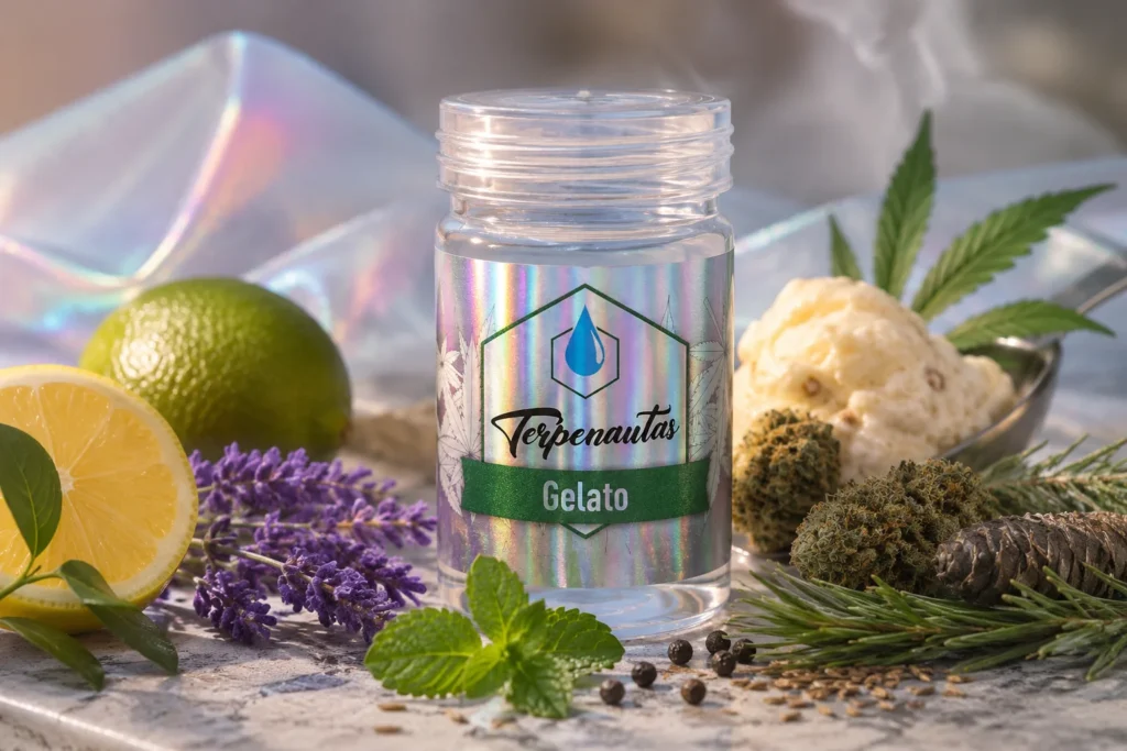 Frasco de terpenos botánicos Gelato rodeado de cítricos, mango, lavanda, menta y plantas aromáticas que representan su perfil aromático complejo y equilibrado.
