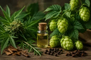 Conos de lúpulo, planta de cannabis y plantas aromáticas que ilustran el humuleno, un terpeno compartido por distintas especies vegetales.
