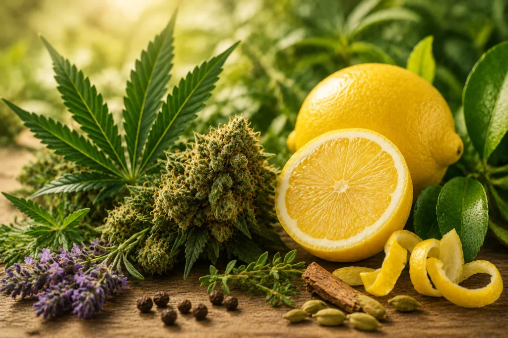 Limones, plantas aromáticas y elementos botánicos que representan el perfil aromático Lemon Haze, caracterizado por intensas notas cítricas y frescas.