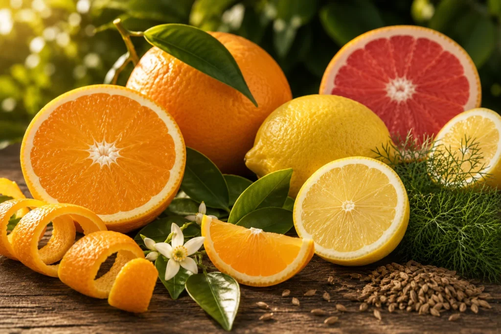 Naranjas, limones, pomelo y otras fuentes naturales de limoneno ilustrando el perfil aromático cítrico de este terpeno presente en numerosas plantas.