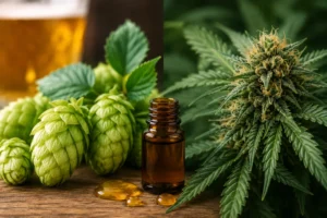 Conos de lúpulo y hojas de cannabis ilustrando el mirceno como terpeno compartido y su influencia en los perfiles aromáticos de ambas plantas.