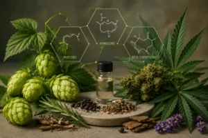 Conos de lúpulo, hojas de cannabis y plantas aromáticas que ilustran los terpenos compartidos entre ambas especies, como mirceno, humuleno y beta-cariofileno.