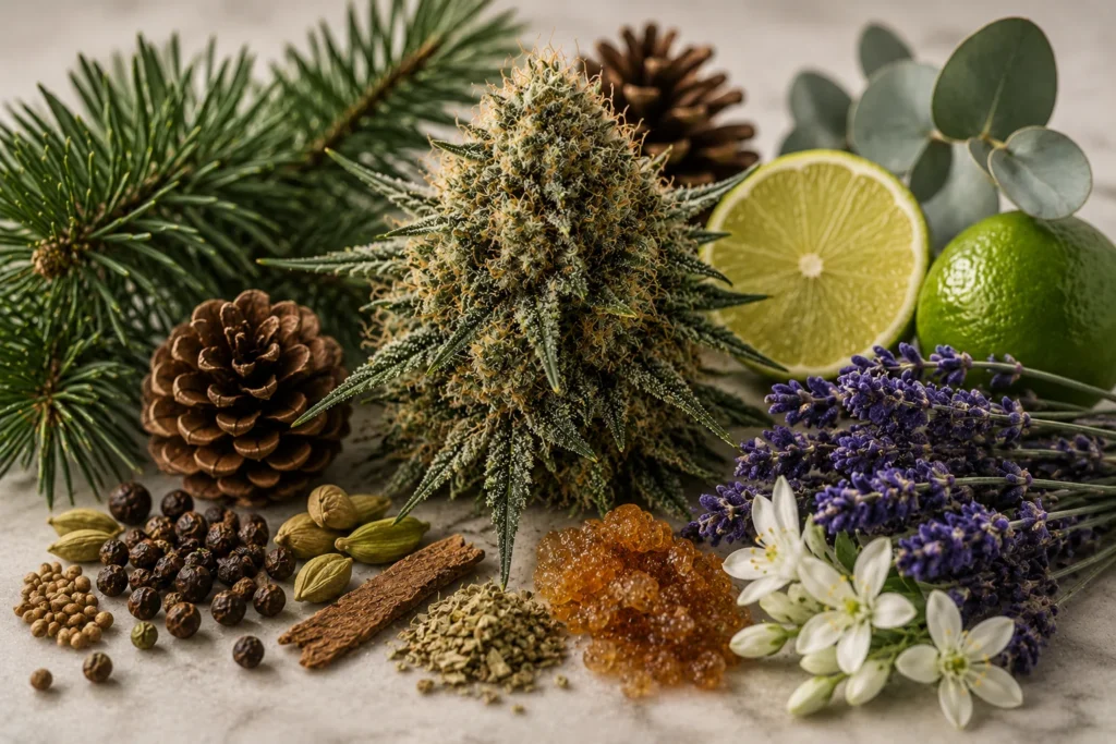 Composición botánica con una flor de cannabis rodeada de ramas de pino, lavanda, lima, eucalipto, especias y resina natural que representa el perfil aromático Northern Lights.