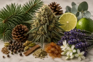 Composición botánica con una flor de cannabis rodeada de ramas de pino, lavanda, lima, eucalipto, especias y resina natural que representa el perfil aromático Northern Lights.