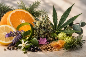 Composición botánica con cítricos, flores, hierbas aromáticas y otros elementos naturales que representan un perfil terpénico y la combinación de terpenos presentes en distintas plantas.