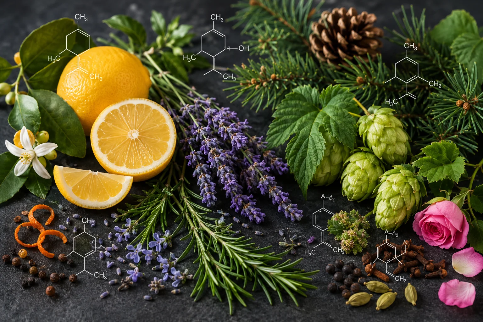 ¿Qué son los terpenos? Compuestos aromáticos naturales Terpenos naturales presentes en limón, lavanda, pino, lúpulo y otras plantas aromáticas
