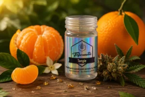 Frasco de terpenos botánicos Tangie rodeado de cítricos frescos y elementos botánicos que representan su perfil aromático intenso, dominado por notas de mandarina y limoneno.