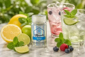 Frasco de terpenos botánicos rodeado de bebidas sin alcohol con cítricos, frutos rojos, hielo y hierbas aromáticas, ilustrando aplicaciones de los terpenos en bebidas.