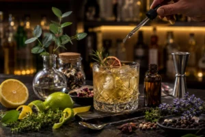 Cóctel servido en vaso de cristal con cítricos, hierbas aromáticas, especias y una pipeta dosificando terpenos botánicos durante la preparación.