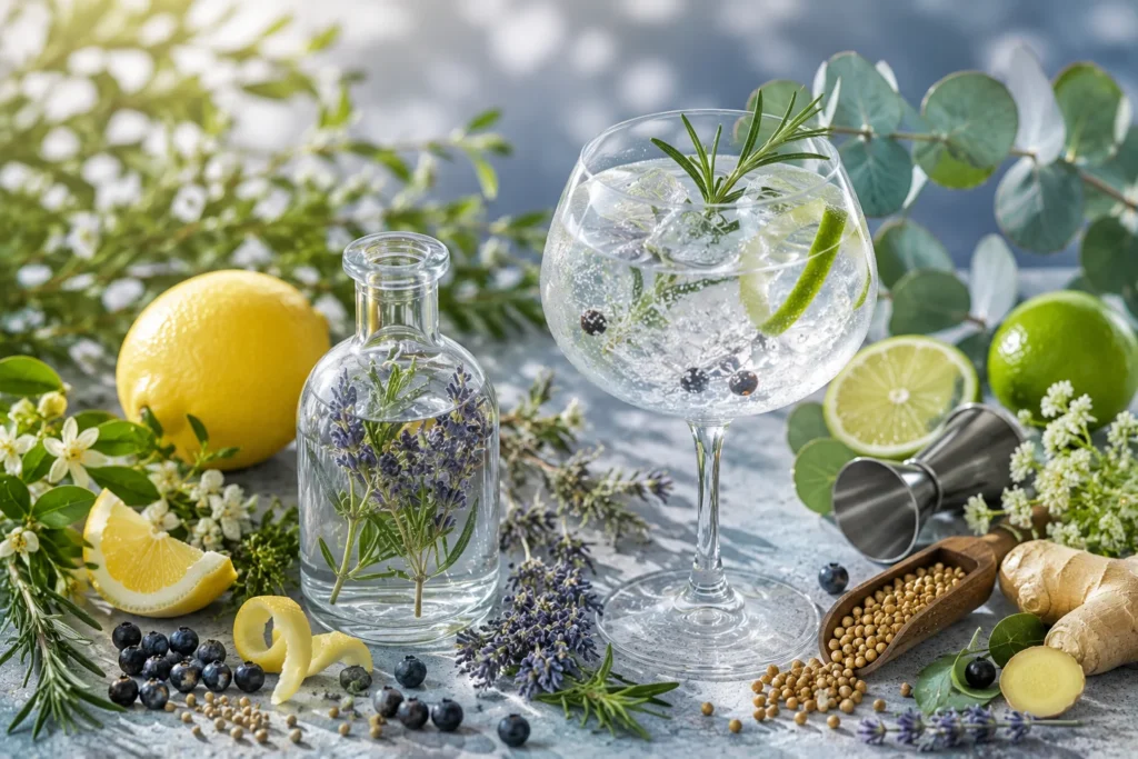 Copa de gin con hielo, limón, romero, lavanda, bayas de enebro y botánicos aromáticos que ilustran el uso de terpenos en la elaboración de gin.
