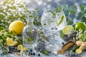 Copa de gin con hielo, limón, romero, lavanda, bayas de enebro y botánicos aromáticos que ilustran el uso de terpenos en la elaboración de gin.