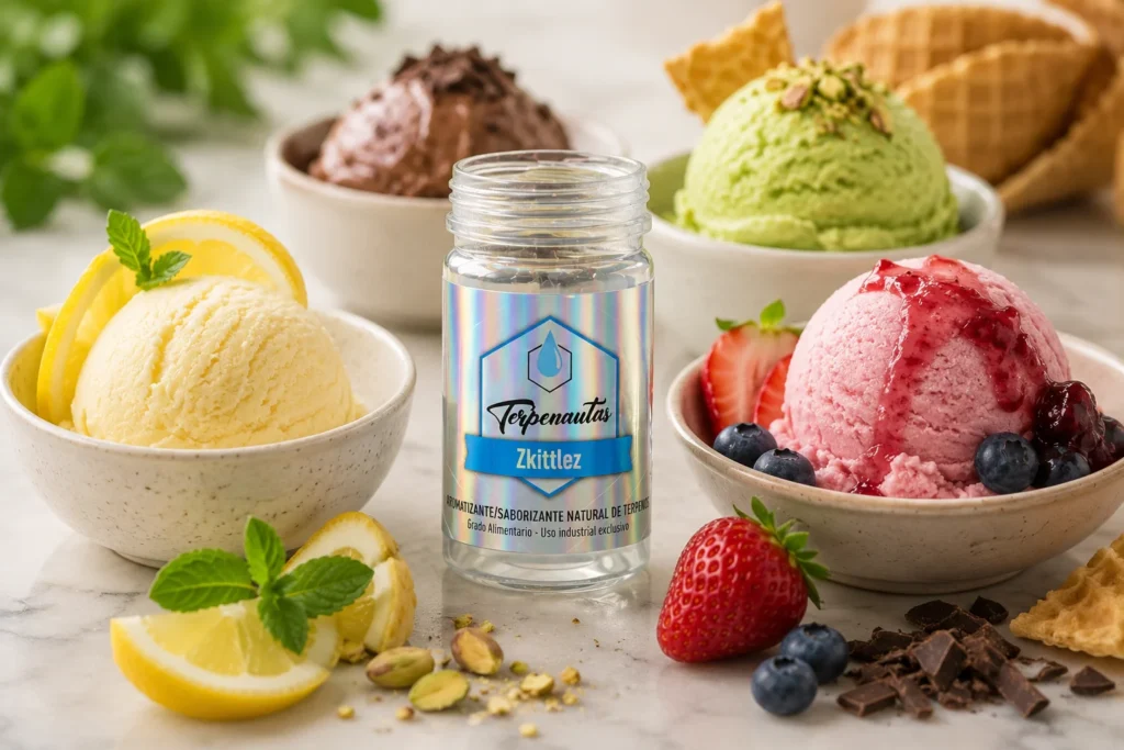 Frasco de terpenos botánicos rodeado de helados artesanales de distintos sabores, frutas frescas y conos, ilustrando el uso de terpenos en formulaciones para helados.