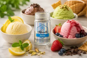 Frasco de terpenos botánicos rodeado de helados artesanales de distintos sabores, frutas frescas y conos, ilustrando el uso de terpenos en formulaciones para helados.