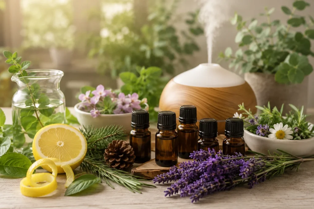 Terpenos botánicos utilizados en aromaterapia junto a plantas aromáticas, cítricos, lavanda y difusor ambiental.