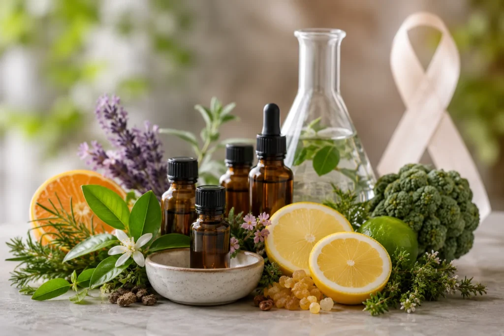 Terpenos botánicos, plantas aromáticas y elementos de laboratorio utilizados para ilustrar investigaciones científicas sobre compuestos naturales.