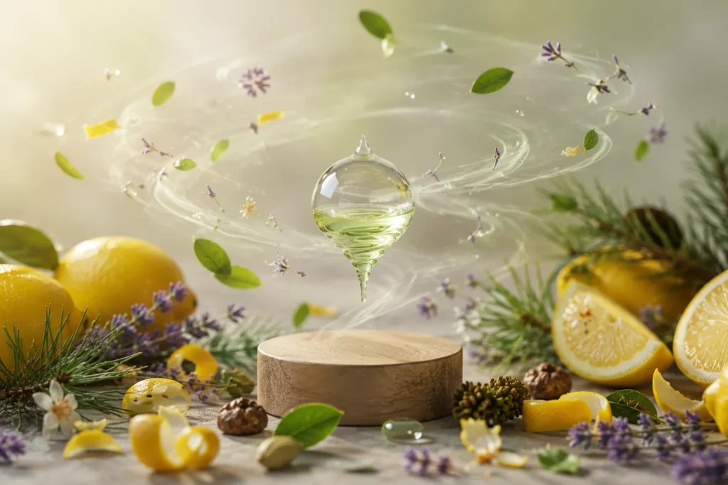 Composición botánica con cítricos, flores, ramas de coníferas, hojas aromáticas y una gota suspendida que representa el terpinoleno, un terpeno asociado a perfiles frescos, cítricos y herbales.