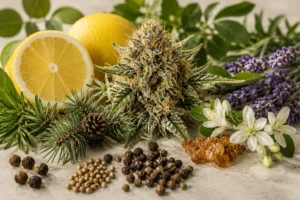 Composición botánica con una flor de cannabis rodeada de limón, lavanda, ramas de coníferas, flores blancas, resina y especias que representan el perfil aromático White Widow.