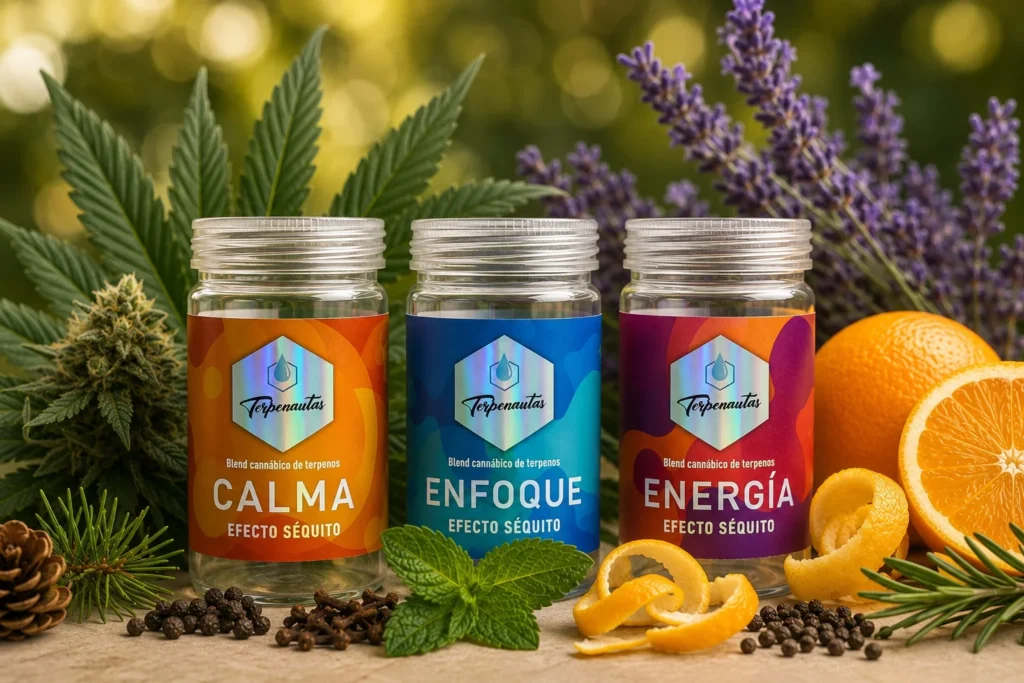 Blends botánicos de terpenos Calma, Enfoque y Energía de Terpenoteca, utilizados para ilustrar el concepto de efecto séquito y la modulación aromática del cannabis.
