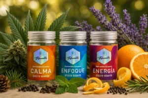 Blends botánicos de terpenos Calma, Enfoque y Energía de Terpenoteca, utilizados para ilustrar el concepto de efecto séquito y la modulación aromática del cannabis.