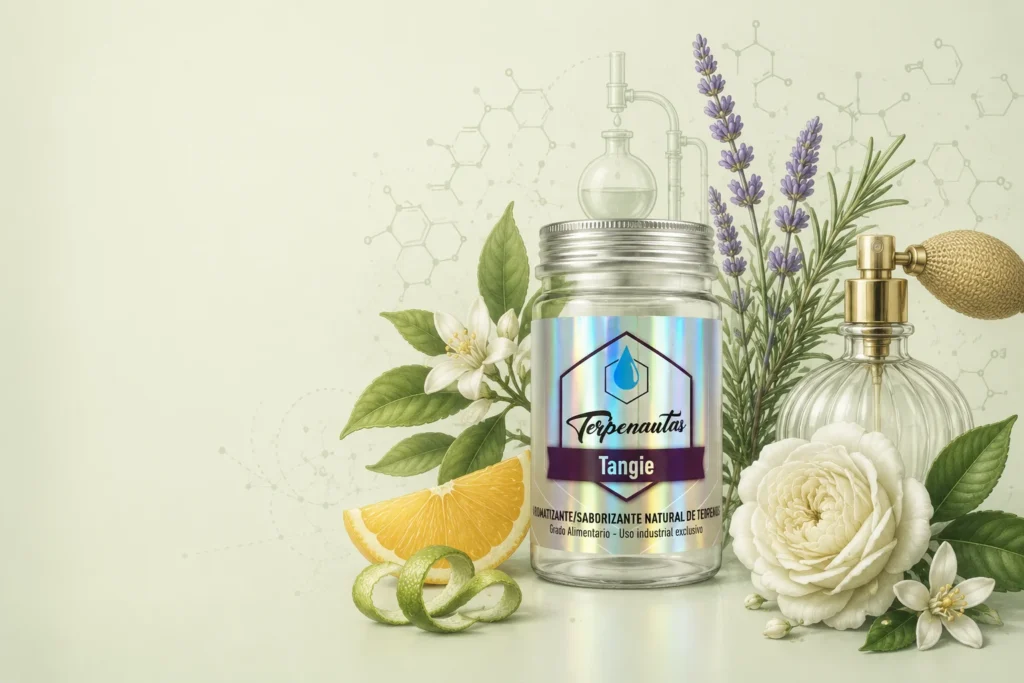 Frasco de terpenos Tangie grado alimentario de Terpenoteca junto a flores, cítricos y elementos de perfumería, representando el uso de terpenos en cosmética natural.