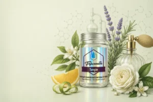 Frasco de terpenos Tangie grado alimentario de Terpenoteca junto a flores, cítricos y elementos de perfumería, representando el uso de terpenos en cosmética natural.