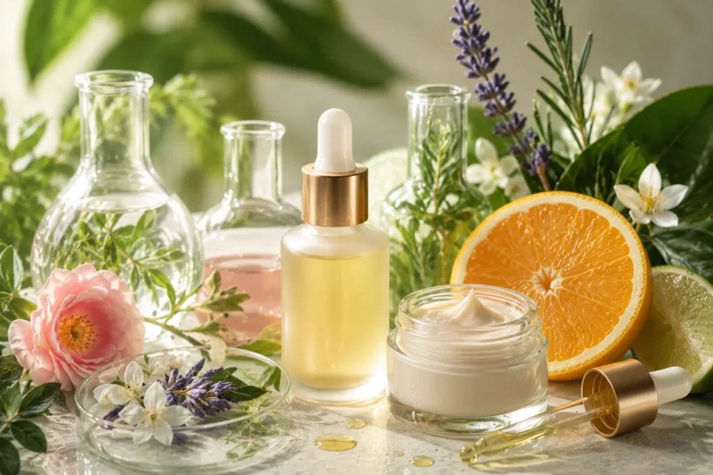 Productos de cosmética natural con aceites botánicos, flores, cítricos y plantas aromáticas que representan el uso de terpenos naturales en formulaciones cosméticas.