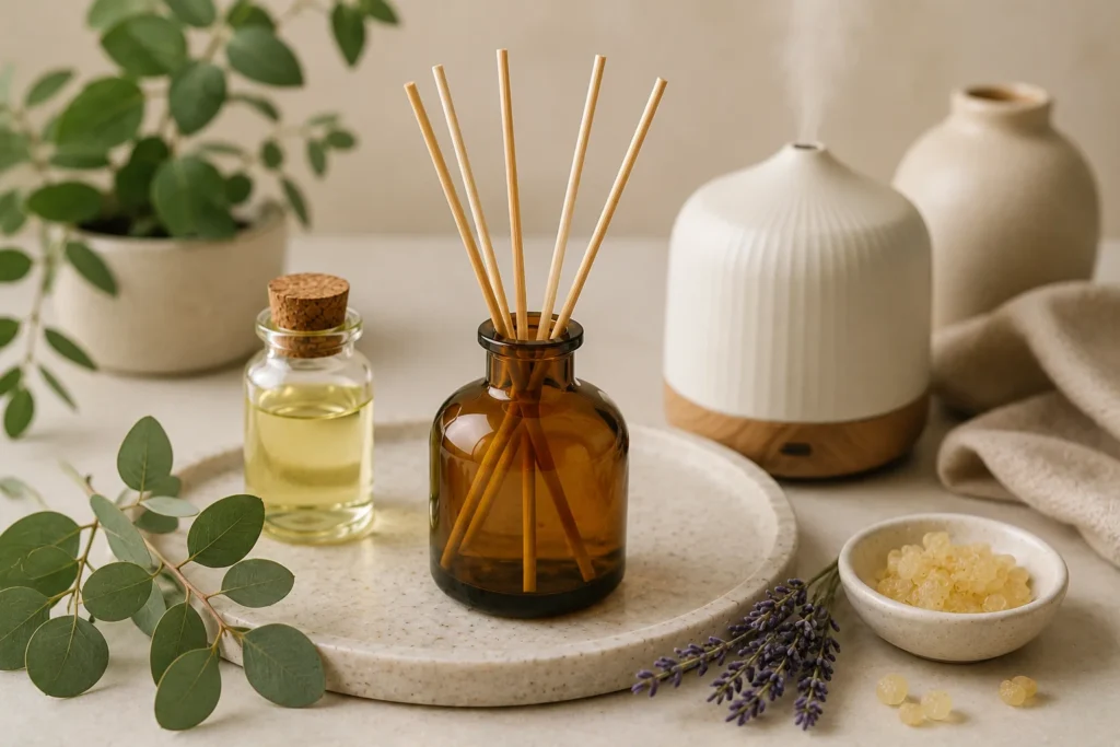 Difusor de varillas con aceite aromático botánico, difusor ultrasónico y elementos naturales que representan el uso de terpenos para aromatizar ambientes.