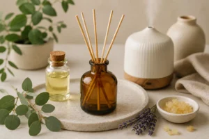 Difusor de varillas con aceite aromático botánico, difusor ultrasónico y elementos naturales que representan el uso de terpenos para aromatizar ambientes.