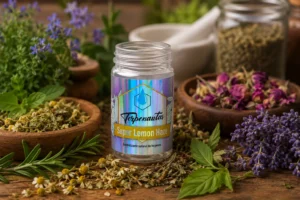 Frasco de terpenos Super Lemon Haze de Terpenoteca rodeado de hierbas medicinales secas y aromáticas para uso como aromatizante natural grado alimenticio.