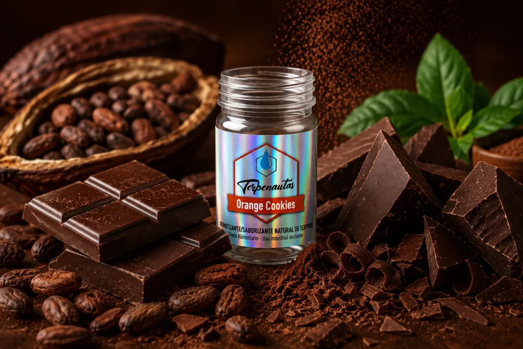 Frasco de terpenos Orange Cookies de Terpenoteca junto a chocolate negro, cacao en grano y cacao en polvo para aplicaciones en chocolatería.