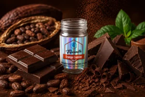 Frasco de terpenos Orange Cookies de Terpenoteca junto a chocolate negro, cacao en grano y cacao en polvo para aplicaciones en chocolatería.