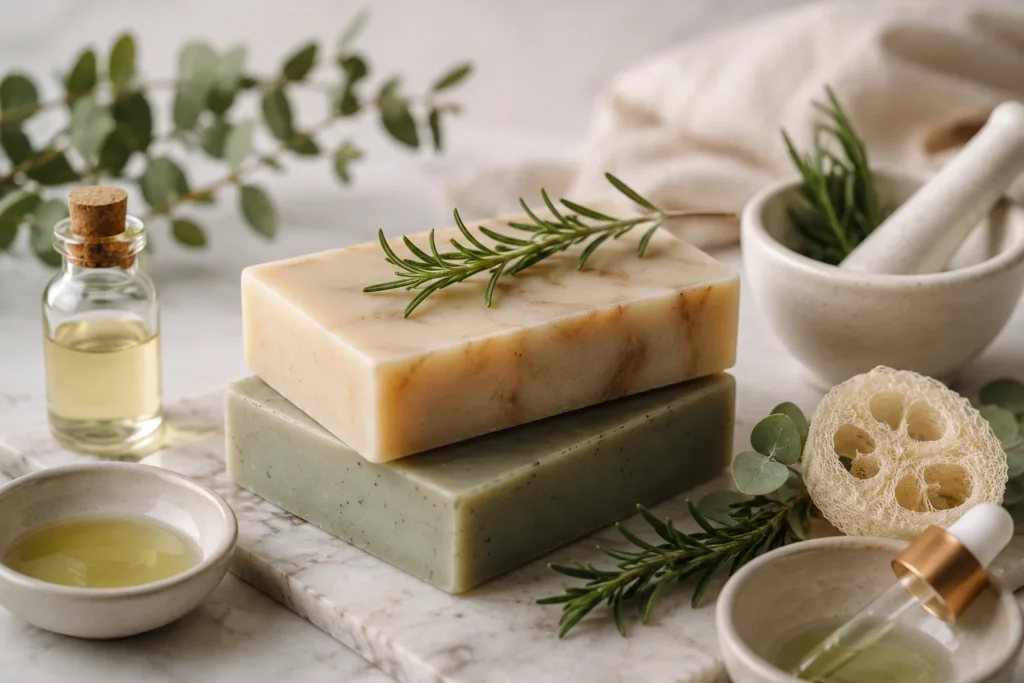 Jabones artesanales elaborados con ingredientes naturales junto a aceite botánico y elementos de formulación cosmética, representando el uso de terpenos en jabones naturales.