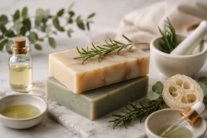 Jabones artesanales elaborados con ingredientes naturales junto a aceite botánico y elementos de formulación cosmética, representando el uso de terpenos en jabones naturales.