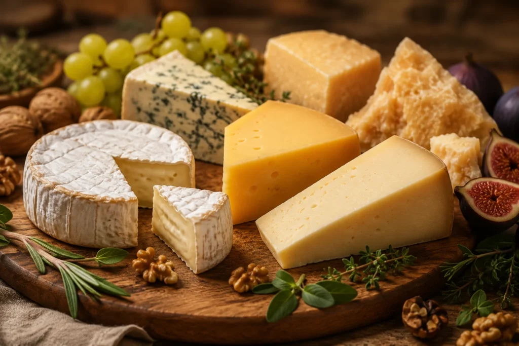 Tabla con diferentes variedades de quesos artesanales acompañadas de hierbas aromáticas, frutos secos e higos, representando la aplicación de terpenos naturales en quesería.