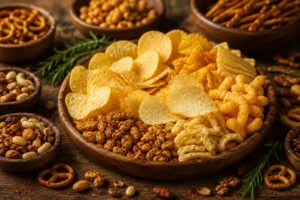 Selección de snacks salados con papas fritas, tortillas, pretzels, frutos secos y mezclas crocantes, representando la aplicación de terpenos naturales en alimentos.