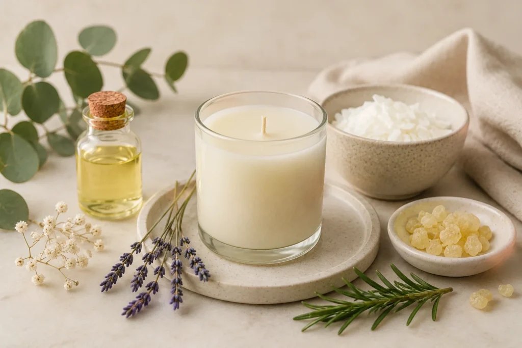 Vela aromática artesanal con aceite botánico, cera vegetal y elementos naturales que representan el uso de terpenos en la formulación de velas aromáticas.