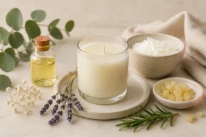 Vela aromática artesanal con aceite botánico, cera vegetal y elementos naturales que representan el uso de terpenos en la formulación de velas aromáticas.