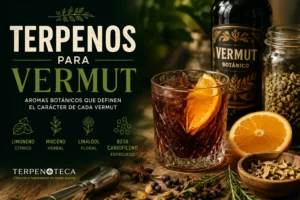 Copa de vermut con botánicos y terpenos naturales para potenciar el perfil aromático del vermut artesanal.