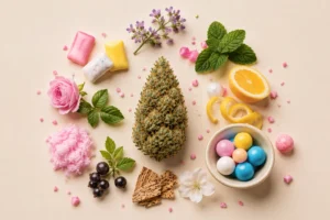 Cogollo de Bubblegum rodeado de chicles, cítricos, flores y frutas que representan su perfil de terpenos y su característico aroma dulce.