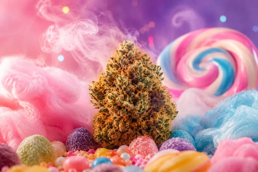 Cotton Candy Kush rodeada de golosinas y algodón de azúcar que representan su perfil aromático