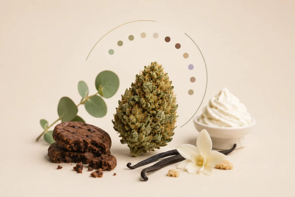Cogollo de Girl Scout Cookies (GSC) con vainilla, galletas de chocolate y crema representando su perfil aromático y de terpenos.