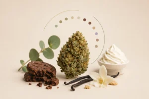 Cogollo de Girl Scout Cookies (GSC) con vainilla, galletas de chocolate y crema representando su perfil aromático y de terpenos.