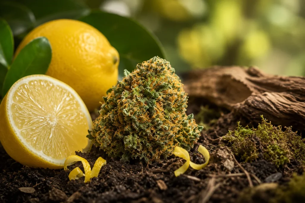 Lemon Kush rodeada de limón y elementos naturales que representan su perfil terpenoide