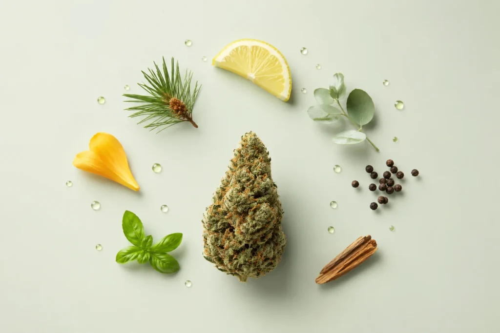 Cogollo de OG Kush rodeado de elementos botánicos que representan su perfil de terpenos con notas cítricas, terrosas y de pino.