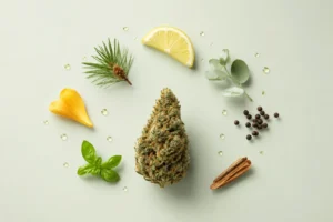 Cogollo de OG Kush rodeado de elementos botánicos que representan su perfil de terpenos con notas cítricas, terrosas y de pino.
